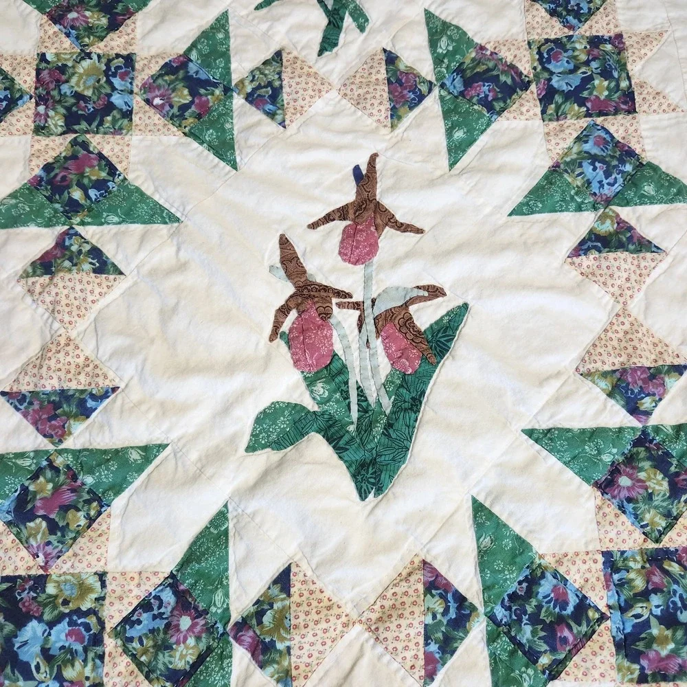 Vtg LL Bean Freeport Maine Botanical Block Applique Patchwork Quilt 62 X 80